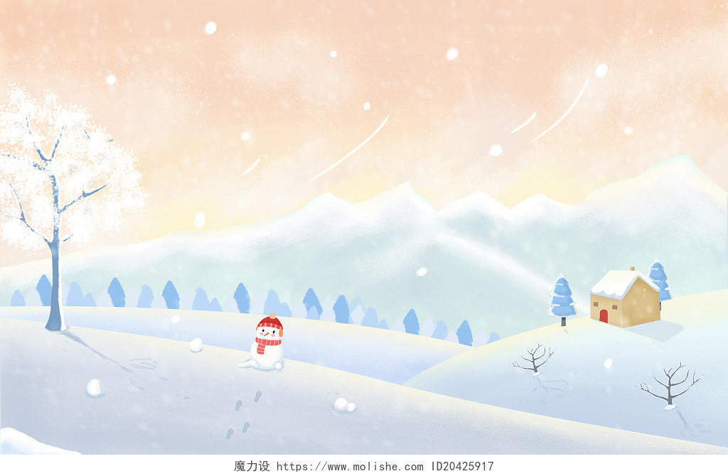 唯美雪景冬天卡通风景插画素材
